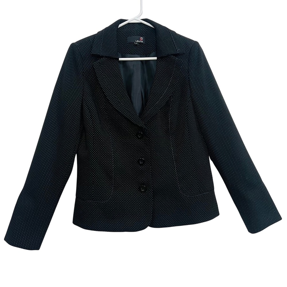 Laura Womens Black Polka Dot Blazer Jacket 3-Button Lined Size 8